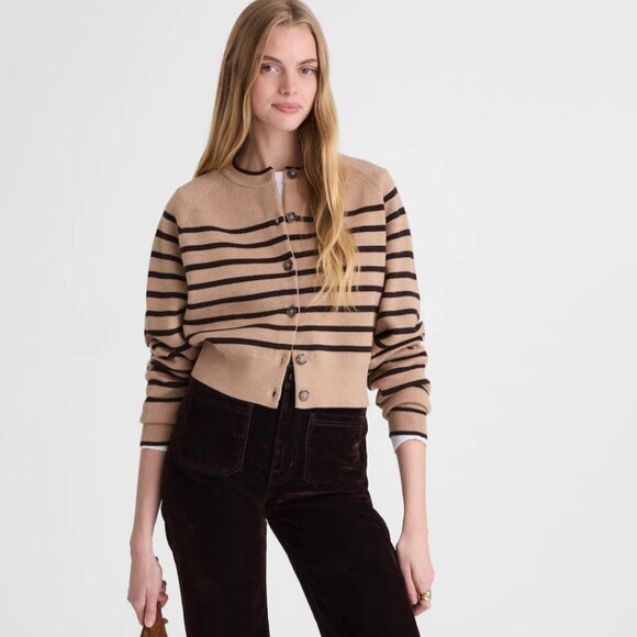 Madewell Raglan-Sleeve Cropped Cardigan in Merino Wool Hthr Camel Stripe Large - Picture 4 of 4